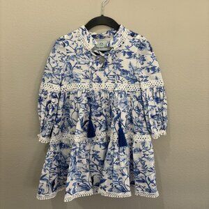Petite Maison Kids blue and white floral long sleeve dress, tassel tie in front